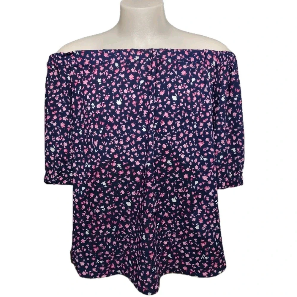 Michael Kors Blouse Women's Size L Short Sleeve Elastic Collar Navy Blue Floral